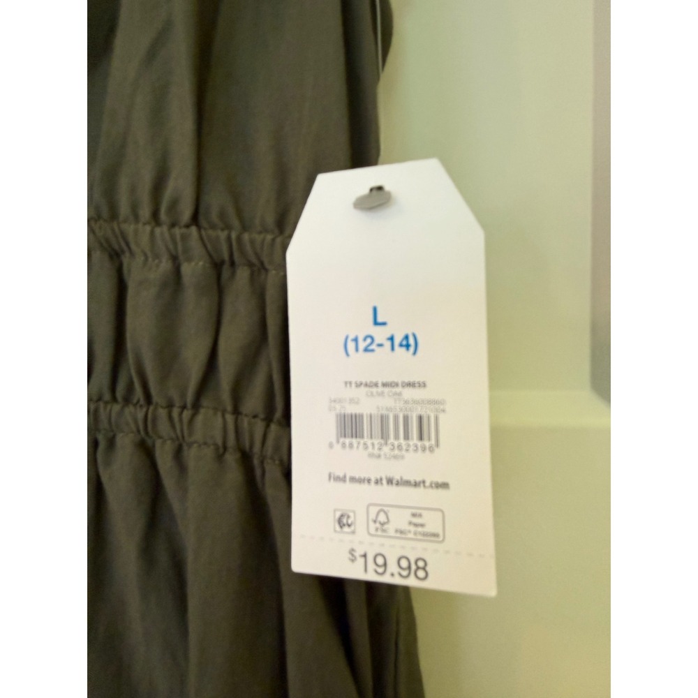 Time and Tru Womens Olive Green Smocked Waist Midi Dress L 12-14 NWT - Picture 3 of 8